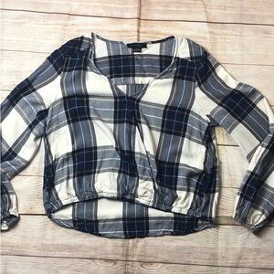 Casual Plaid Blouse in Blue and Cream
